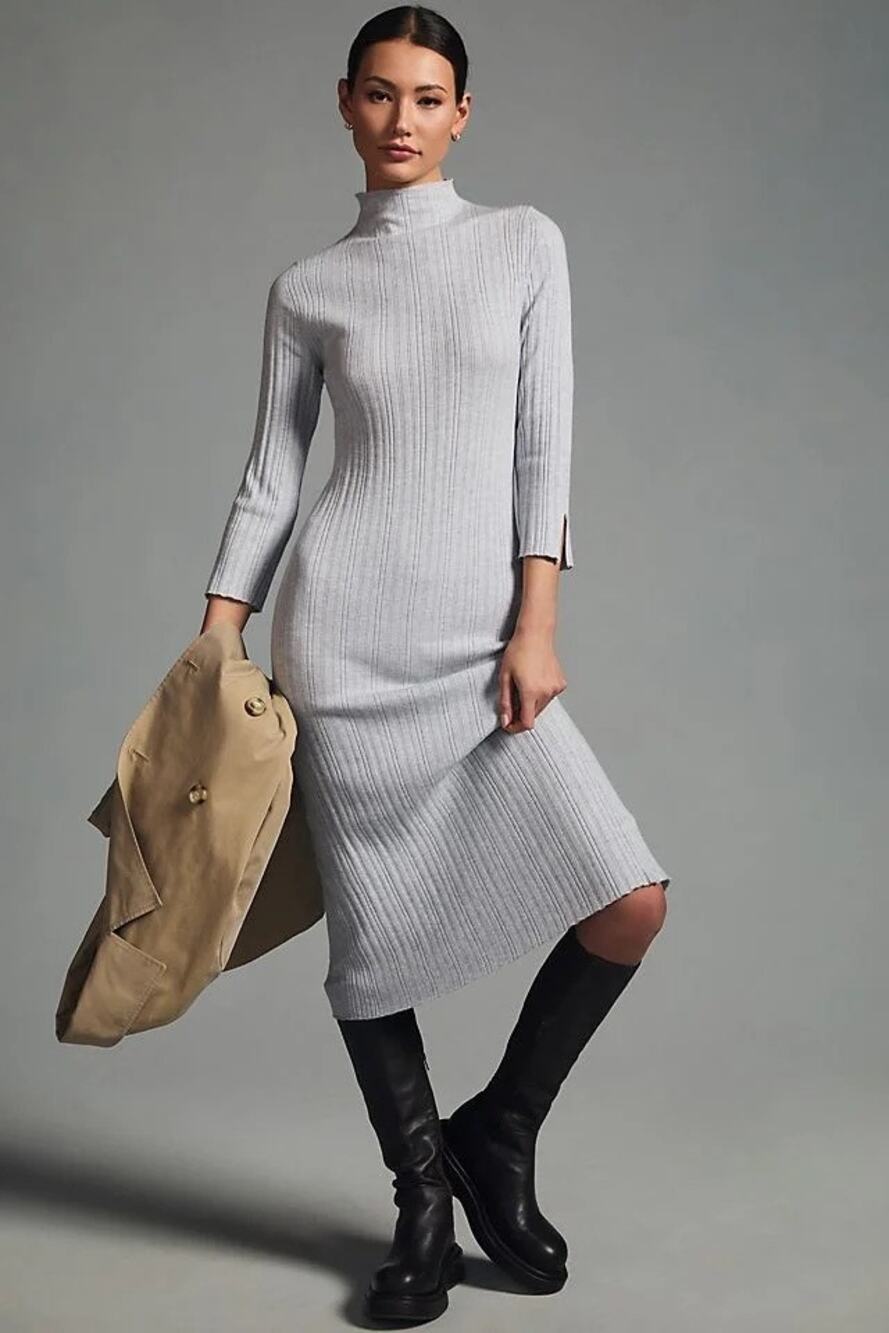 ANTHROPOLOGIE Dress Medium Daily Practice Textured Column Sweater Grey Long